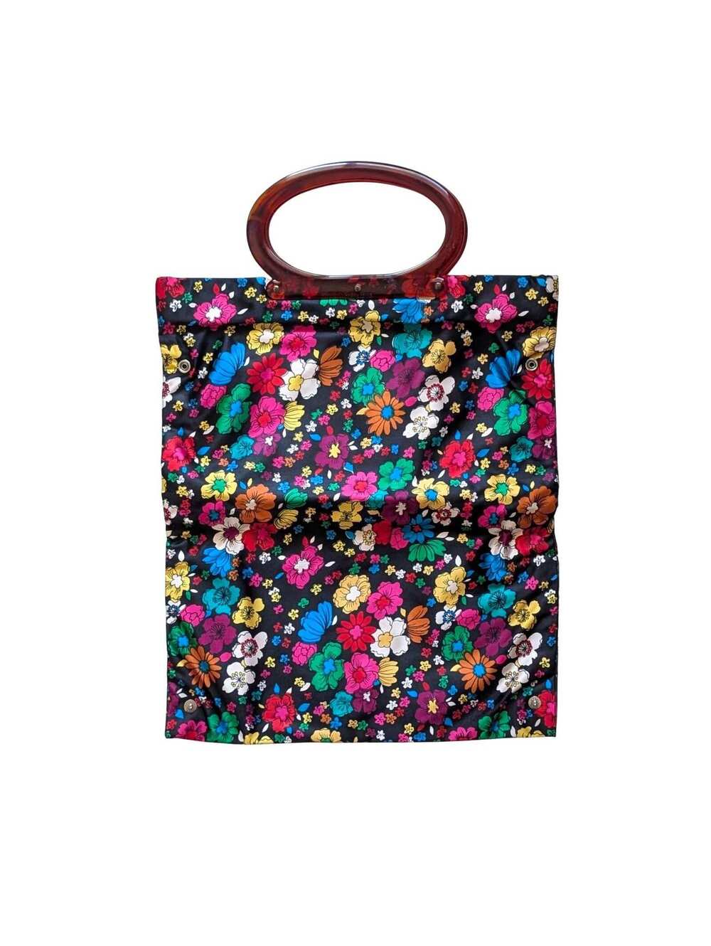 Vintage Folding Tote Bag with Groovy Floral Pattern & Faux Tortoiseshell Handles